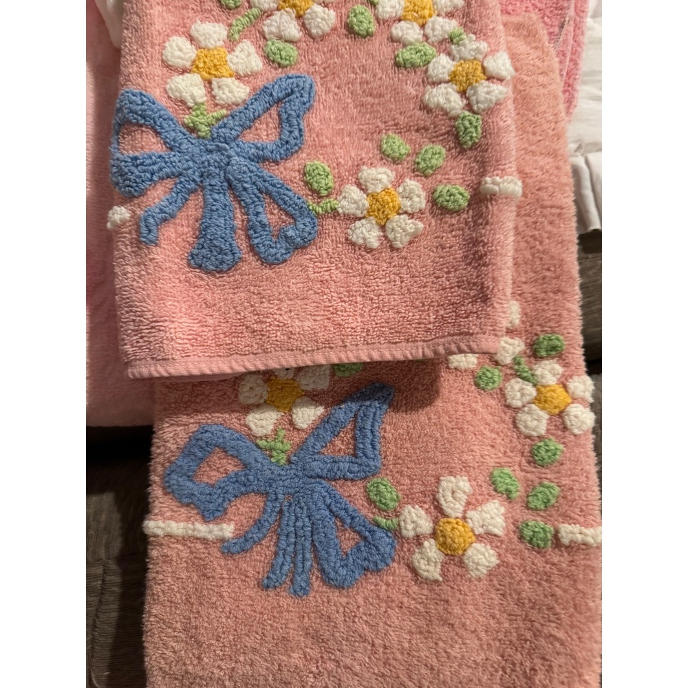 Cannon Pink Cotton Towel Set 4 Blue Bow Daisy Floral Embroidery Cottagecore Vtg - Picture 8 of 10
